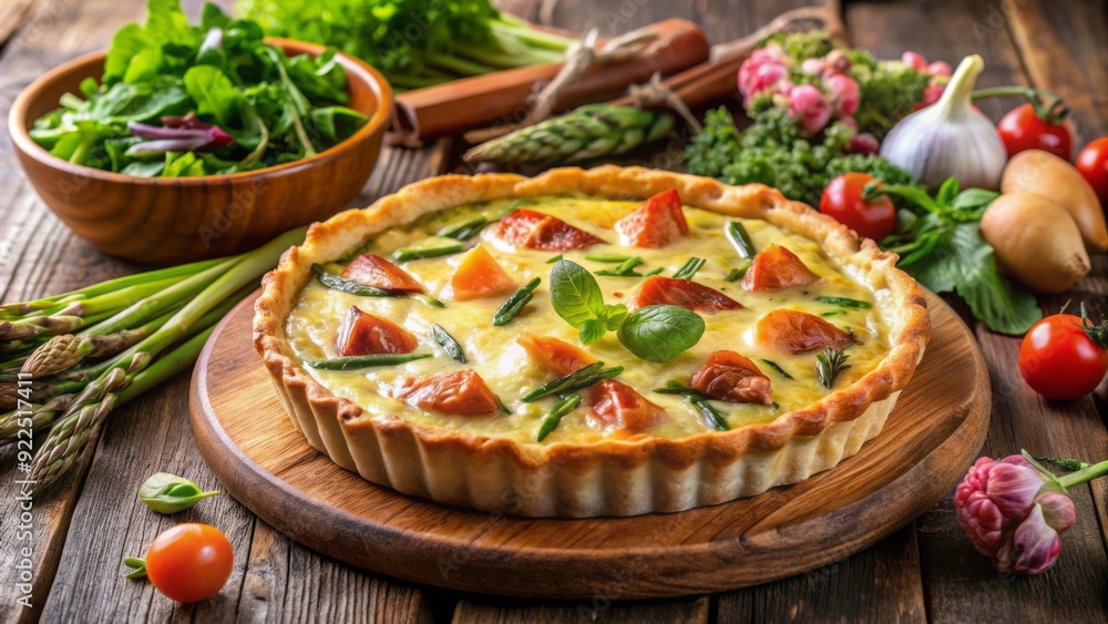 Freshly baked quiche filled with smoked salmon, asparagus, caramelized onions, and melted cheese, served with a mixed greens salad and fresh fruit, on a wooden table. Freshly baked quiche filled with smoked salmon, asparagus, caramelized onions, and melted cheese, served with a mixed greens salad and fresh fruit, on a wooden table.