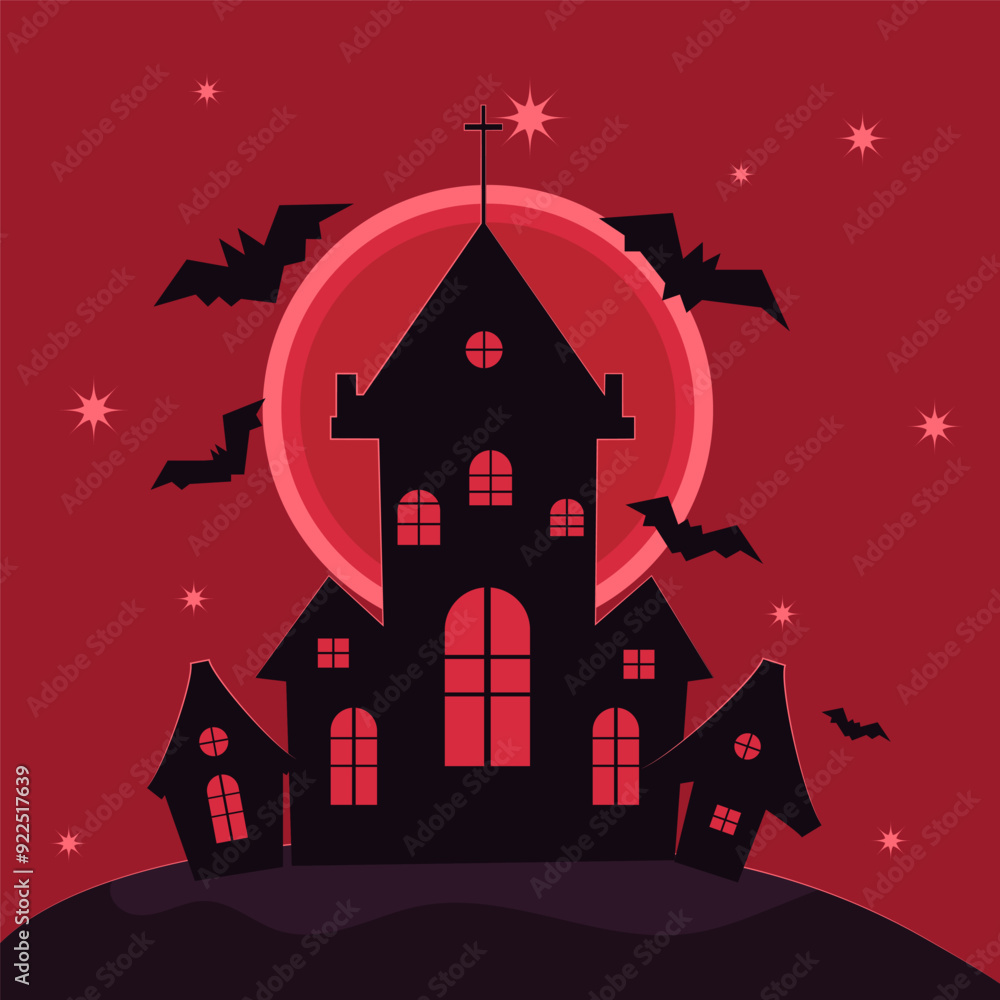 simple black castle with windows on the red background. halloween vector simple flat art simple black castle with windows on the red background. halloween vector simple flat art