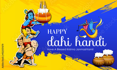 Celebrating happy Janmashtami festival of India with llustration of Lord Krishna playing bansuri (flute) and dahi handi competition with text in Hindi meaning 'Krishan Janmashtami'- vector background