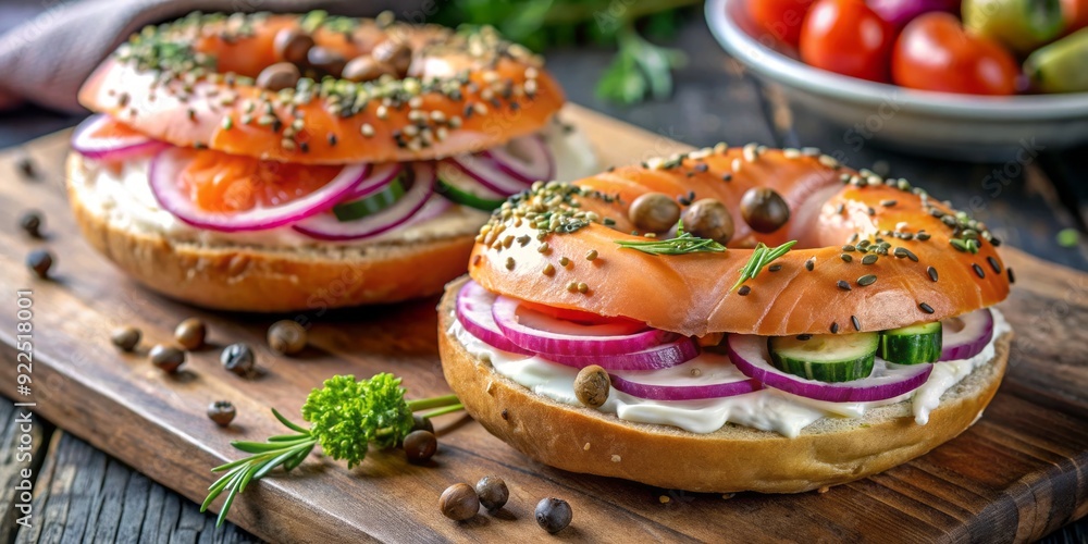 Freshly toasted everything bagel halves topped with generous portions of velvety cream cheese and succulent smoked salmon, garnished with thinly sliced red onion and capers. Freshly toasted everything bagel halves topped with generous portions of velvety cream cheese and succulent smoked salmon, garnished with thinly sliced red onion and capers.