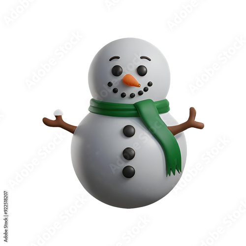 A chibi 3D Snowman with a large head, big eyes, wearing a Christmas-themed hat and scarf, with a carrot nose and coal buttons. The background is transparent.