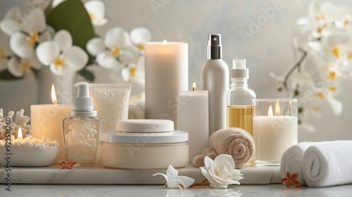 Set of luxury spa products, such as creams, oils, and candles, arranged elegantly on a marble surface