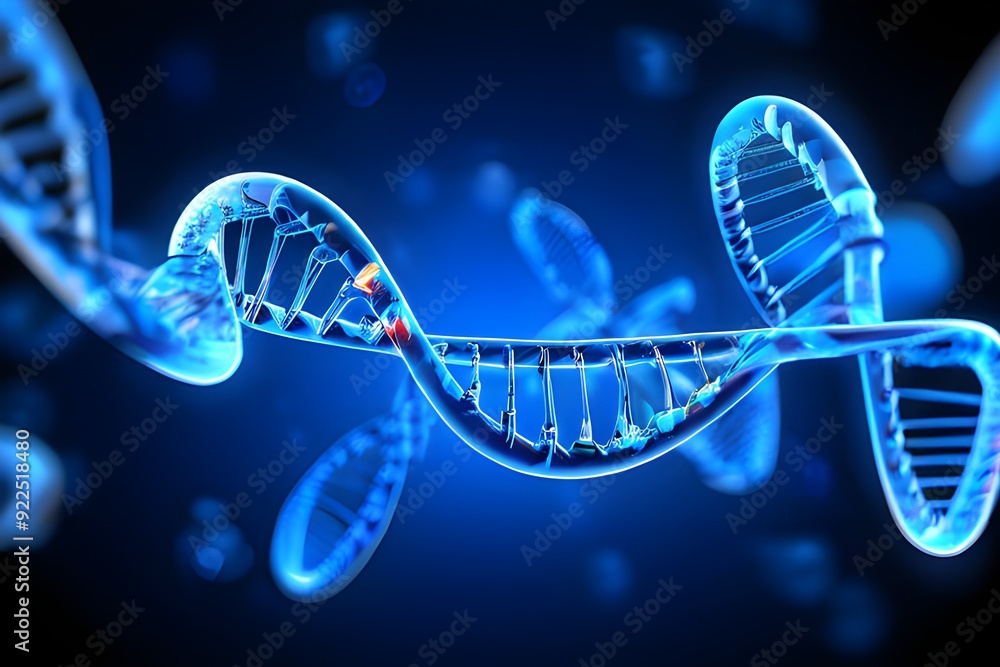 DNA strand on a blue background, symbolizing genetics, biology, and scientific research. DNA strand on a blue background, symbolizing genetics, biology, and scientific research.