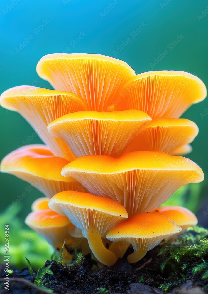 Vibrant orange mushrooms bloom in a lush forest on a sunny afternoon Vibrant orange mushrooms bloom in a lush forest on a sunny afternoon