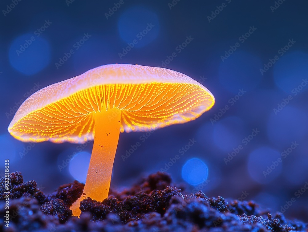 Illuminated mushroom glowing softly in a dark forest at twilight Illuminated mushroom glowing softly in a dark forest at twilight