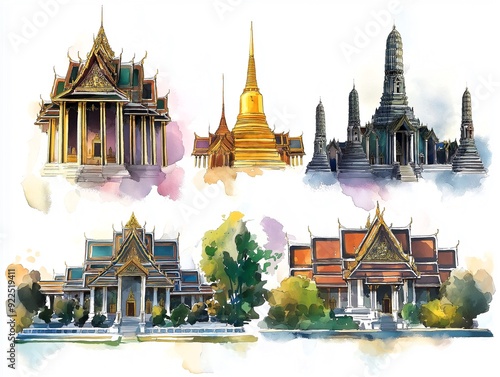 Bangkok Temples in Watercolor Splendor. A vibrant journey through Thailand's spiritual heart, showcasing iconic temples in vivid watercolor strokes. Generative ai illustration. photo