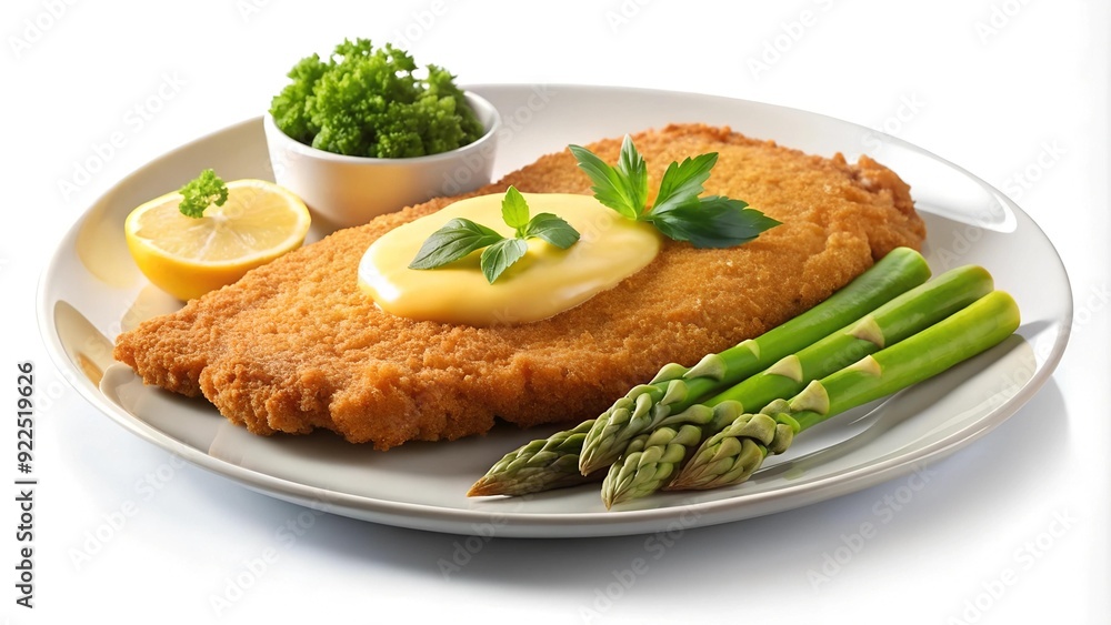 Golden Crisp Wiener Schnitzel with Asparagus and Hollandaise Sauce Generative AI Golden Crisp Wiener Schnitzel with Asparagus and Hollandaise Sauce Generative AI