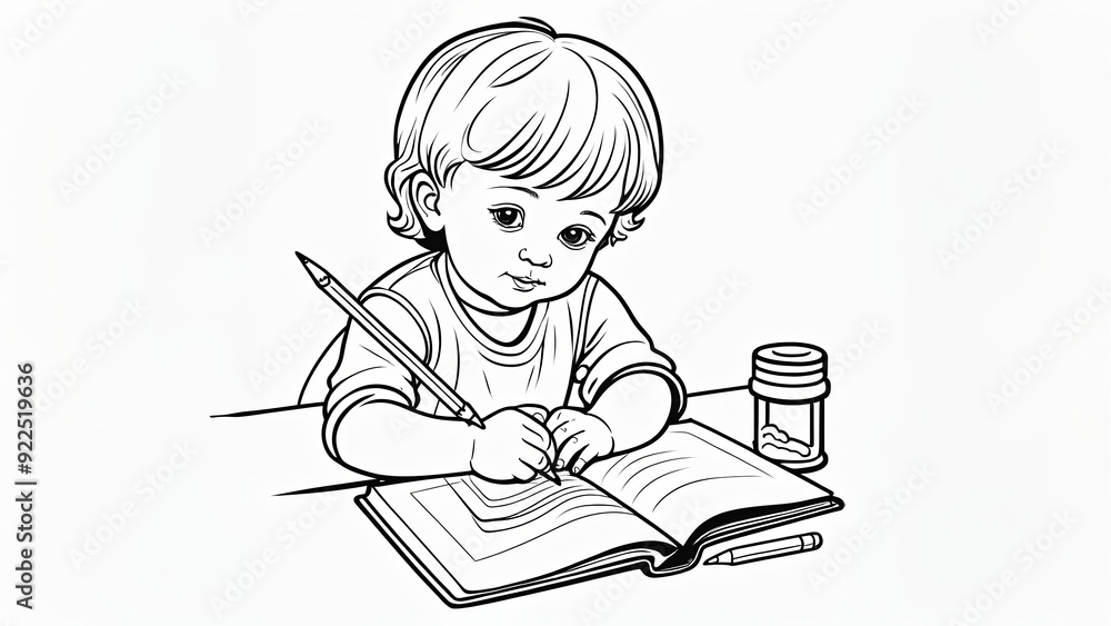 Little Girl Writing in Notebook coloring book