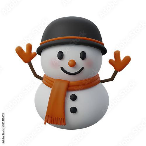 A chibi 3D Snowman with a large head, big eyes, wearing a Christmas-themed hat and scarf, with a carrot nose and coal buttons. The background is transparent.