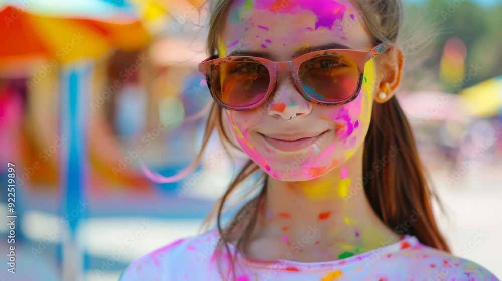 Cheerful teenager with multicolored face and cool sunglasses on Holi background Cheerful teenager with multicolored face and cool sunglasses on Holi background