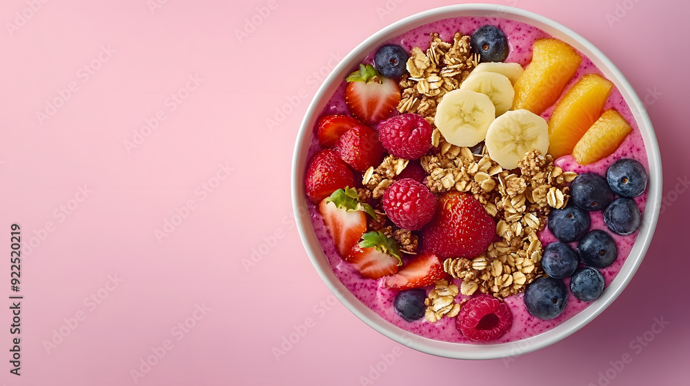 Summer acai bowl with mixed fruit and granola on pink background Breakfast bowl with fruit and cereal close up top view text space Summer acai bowl with mixed fruit and granola on pink background Breakfast bowl with fruit and cereal close up top view text space