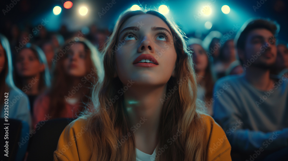 Young woman in audience watching movie at cinema theater with amazed expression under bright lights Young woman in audience watching movie at cinema theater with amazed expression under bright lights