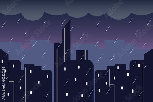 Urban building vector. silhouette of city buildings. rain at night.