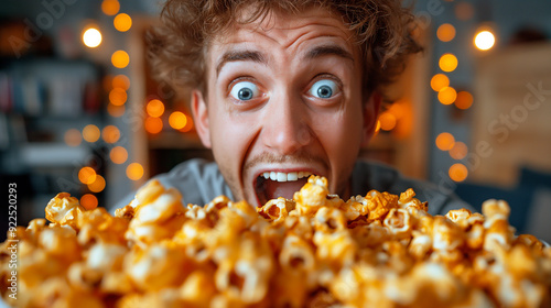 Excited man enjoying delicious popcorn with bokeh lights in the background in closeup shot photo