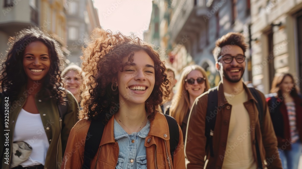 Diverse group of friends enjoying a walk on a city sidewalk Diverse group of friends enjoying a walk on a city sidewalk