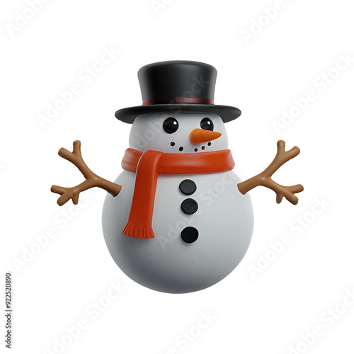 A chibi 3D Snowman with a large head, big eyes, wearing a Christmas-themed hat and scarf, with a carrot nose and coal buttons. The background is transparent.