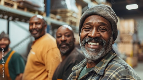 Diverse group of men enjoying work in a warehouse