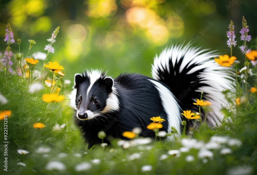 close view skunk surrounded lush greenery colorful flowers bright natural environment, vibrant, nature, wildlife, fur, stripes, habitat, outdoor, detail close view skunk surrounded lush greenery colorful flowers bright natural environment, vibrant, nature, wildlife, fur, stripes, habitat, outdoor, detail
