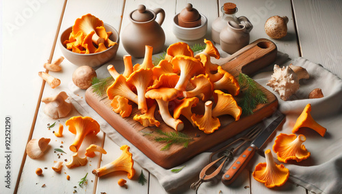 chanterelle mushrooms lying on a bright table in a white brightl photo