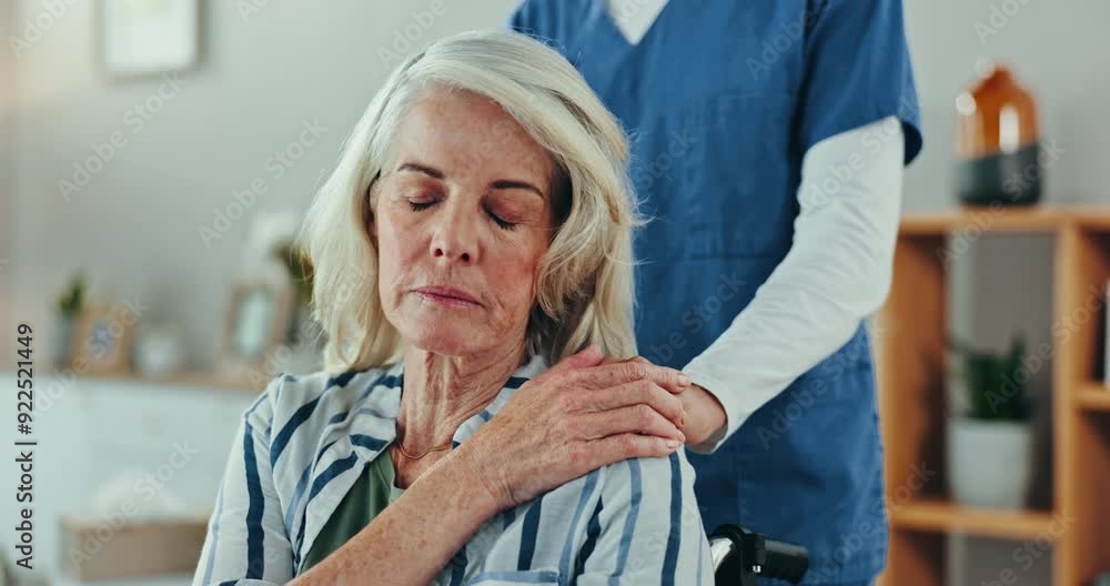 Caregiver, woman in wheelchair and holding hands for support, empathy and hope after cancer. Nurse, elderly patient with a disability and comfort for kindness, medical help and healthcare in home Caregiver, woman in wheelchair and holding hands for support, empathy and hope after cancer. Nurse, elderly patient with a disability and comfort for kindness, medical help and healthcare in home
