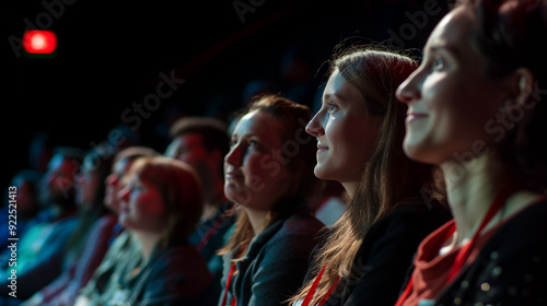 Audience of people at an event watching and listening with focused expressions and emotions in the theater