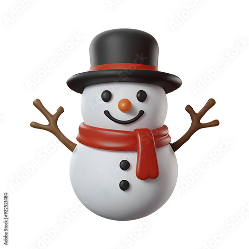 A chibi 3D Snowman with a large head, big eyes, wearing a Christmas-themed hat and scarf, with a carrot nose and coal buttons. The background is transparent.