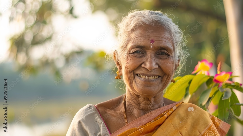 Elderly Indian woman wearing traditional sari and earrings, smiling, standing outdoors Elderly Indian woman wearing traditional sari and earrings, smiling, standing outdoors