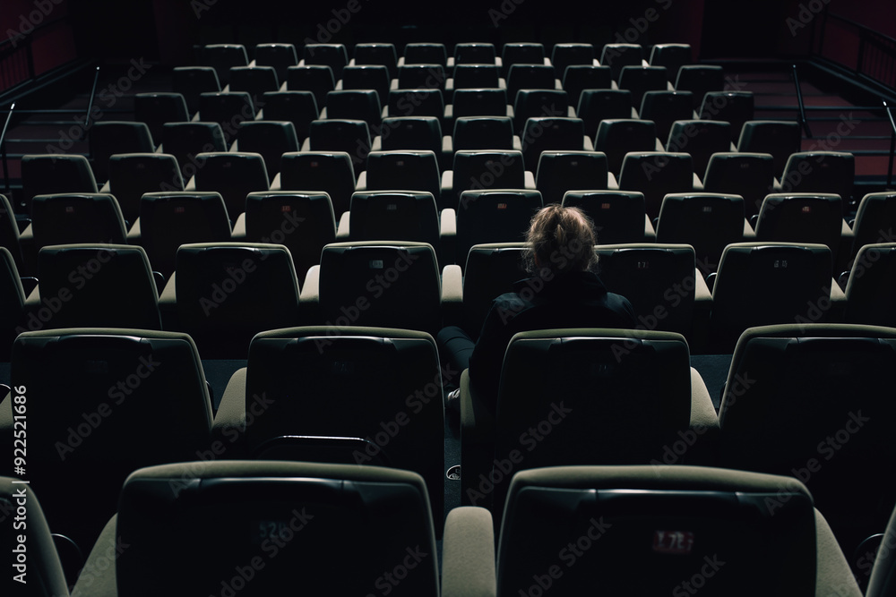 Fototapeta premium Alone in a dark empty theater, a person sits surrounded by rows of cinema seats.