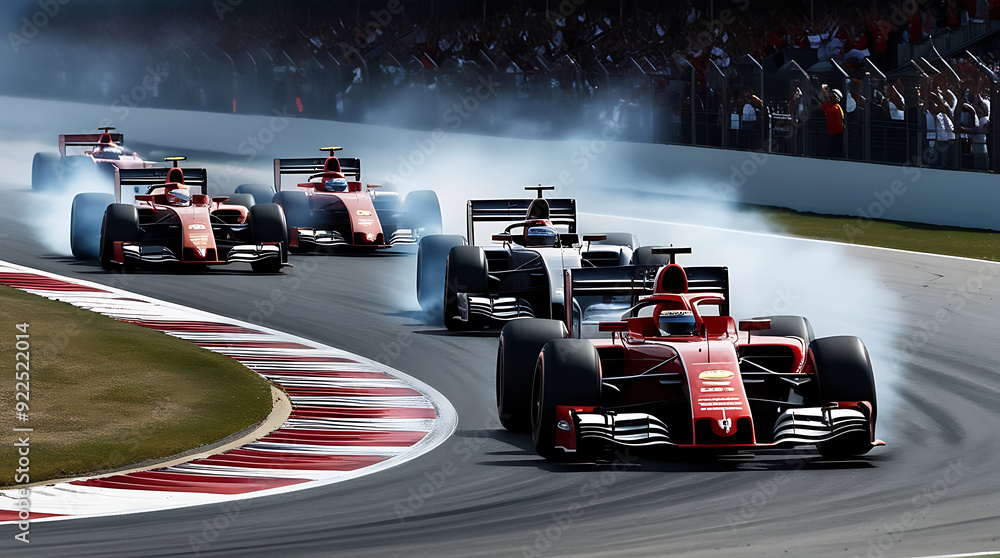 Obraz premium High Speed A1 Grand Prix Cars Drifting on Sharp Curve with Smoking Tires - Intense Racing Action Captured with Packed Grandstands and Cheering Fans
