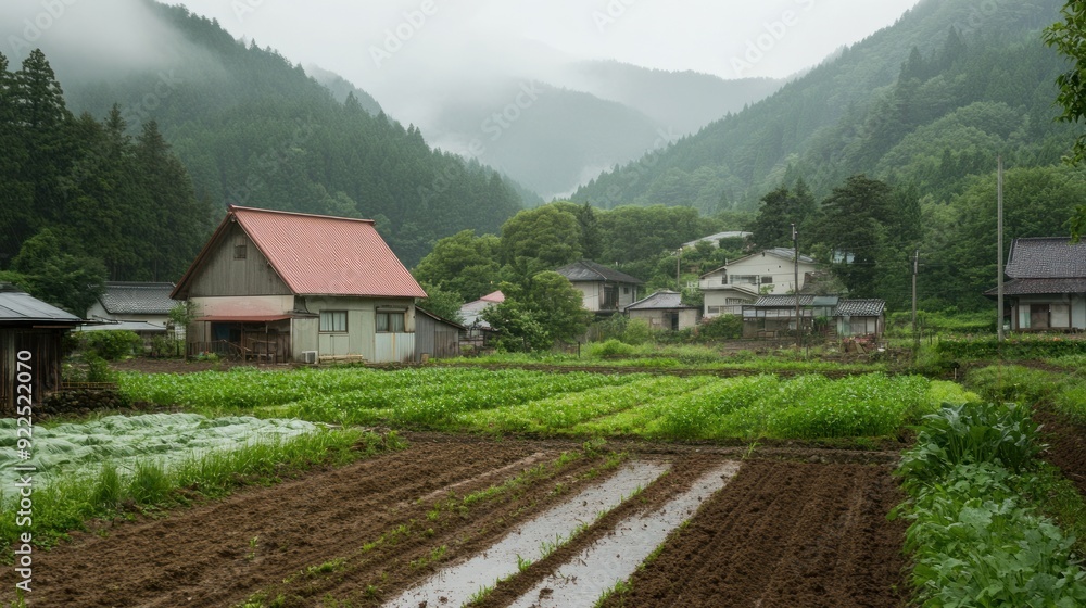 Rural Japanese Village with Mist Covered Mountains Rural Japanese Village with Mist Covered Mountains