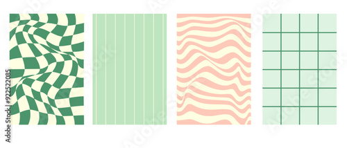 Set of vector line, chessboard and wavy backgrounds. Y2K style.