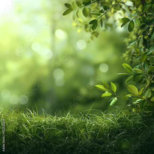 Nature scene with green leaves, grass, and branches in sunlight, outdoors in a forest with bokeh background