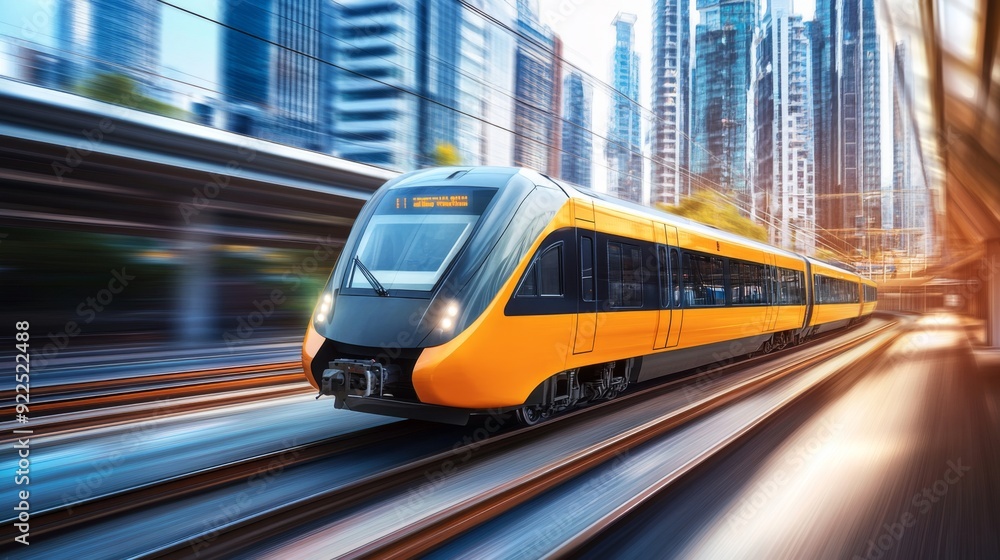 A wide-angle view of an electric train speeding through a cityscape, with motion blur effects emphasizing its speed and efficiency. A wide-angle view of an electric train speeding through a cityscape, with motion blur effects emphasizing its speed and efficiency.