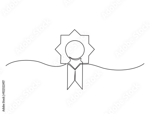 Continuous one line drawing of award badge. Achievement ribbon line art vector illustration. Editable line vector.