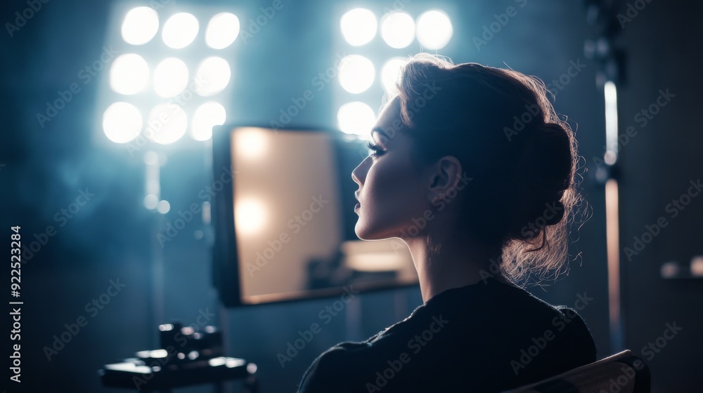 A woman sitting in a makeup chair in a professional studio, with lights illuminating her face as she undergoes a transformation, showcasing the expertise of the makeup artist.