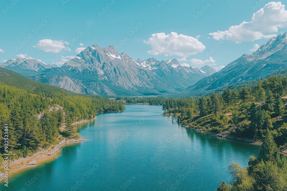 Majestic Mountain Range Overlooking Serene Blue Lake and Lush Greenery Majestic Mountain Range Overlooking Serene Blue Lake and Lush Greenery