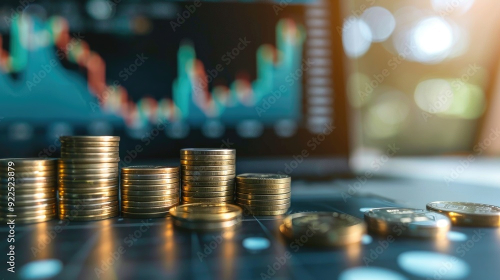 Stock funding or money saving graph with coins. Background for business ideas and design. Chart for financial investment concept Stock funding or money saving graph with coins. Background for business ideas and design. Chart for financial investment concept