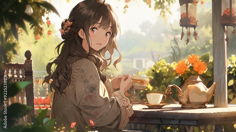 A serene scene of a girl enjoying tea in a lush garden, with sunlight filtering through greenery and vibrant flowers surrounding her, evoking a sense of tranquility and warmth A serene scene of a girl enjoying tea in a lush garden, with sunlight filtering through greenery and vibrant flowers surrounding her, evoking a sense of tranquility and warmth