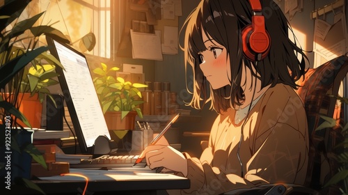 A young girl, wearing headphones, focuses intently on her laptop in a cozy, plant-filled room, immersed in her work or study