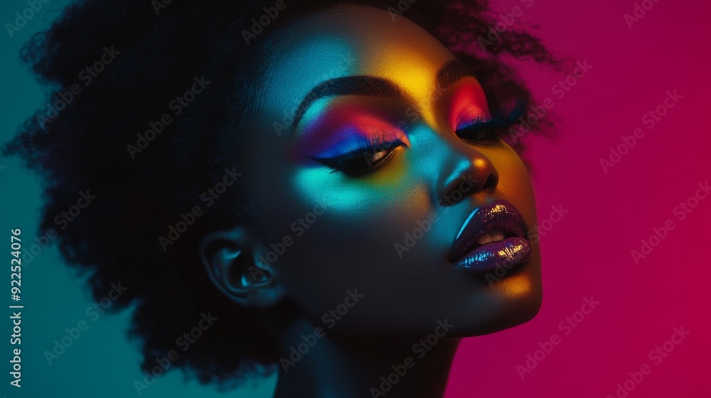 A woman with striking, colorful makeup, featuring a blend of vibrant eyeshadows and a bold lip color, highlighting her artistic expression and confidence. A woman with striking, colorful makeup, featuring a blend of vibrant eyeshadows and a bold lip color, highlighting her artistic expression and confidence.