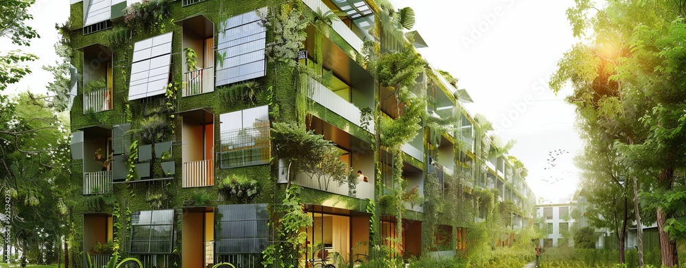 Drawing of a cutting-edge residential building with solar panels, green balconies, and an energy-efficient HVAC system, emphasizing harmony with the environment Drawing of a cutting-edge residential building with solar panels, green balconies, and an energy-efficient HVAC system, emphasizing harmony with the environment