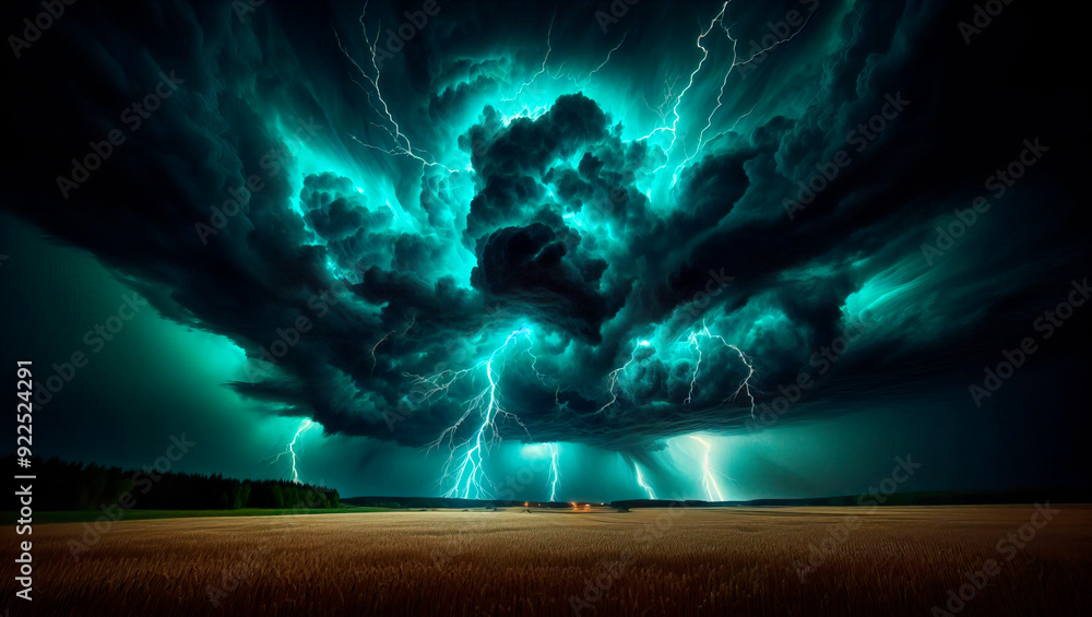 Fototapeta premium Vibrant lightning storm with intense green and dark clouds illuminating the night sky over open field