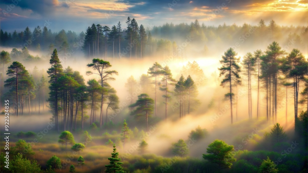 Fototapeta premium Majestic Foggy Morning in Pine Forest with Sunlight Breaking Through Mist
