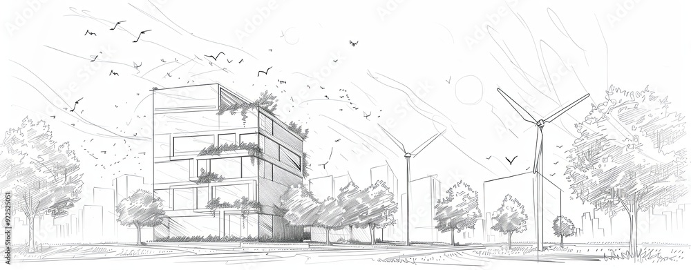 Fototapeta premium Hand-drawn sketch of a sleek modern building with vertical gardens and wind turbines, symbolizing sustainable architecture and energy conservation; clear lines, detailed shading