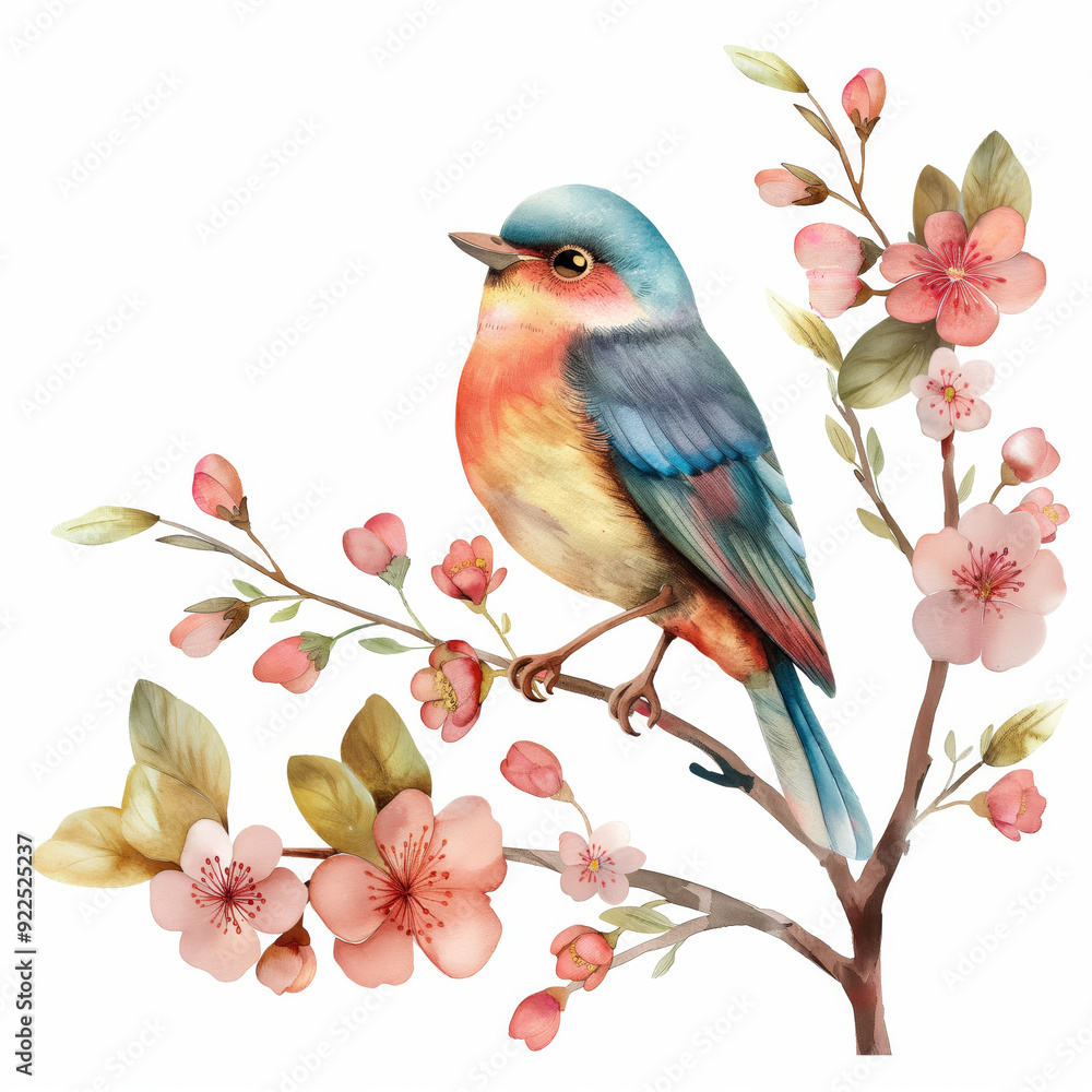 Beautiful little bird on a flower branch watercolor on white background Beautiful little bird on a flower branch watercolor on white background