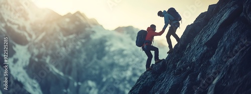 A person helping another up to the top of the mountain, demonstrating friendship and assistance in climbing