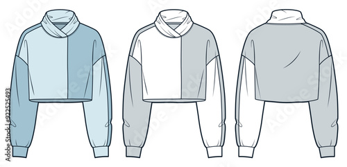 Roll Neck Sweatshirt technical fashion illustration. Crop Sweatshirt fashion flat technical drawing template, raw hem, oversize, front and back view, white, blue, women, men, unisex CAD mockup set.