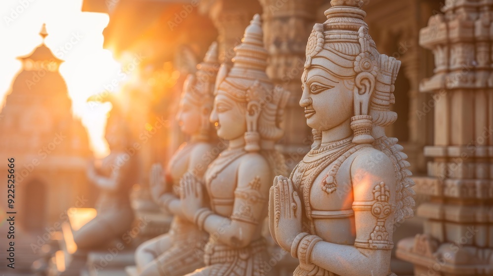 Fototapeta premium Indian temple statues with detailed craftsmanship, warm sunlight, clear sky, historical significance