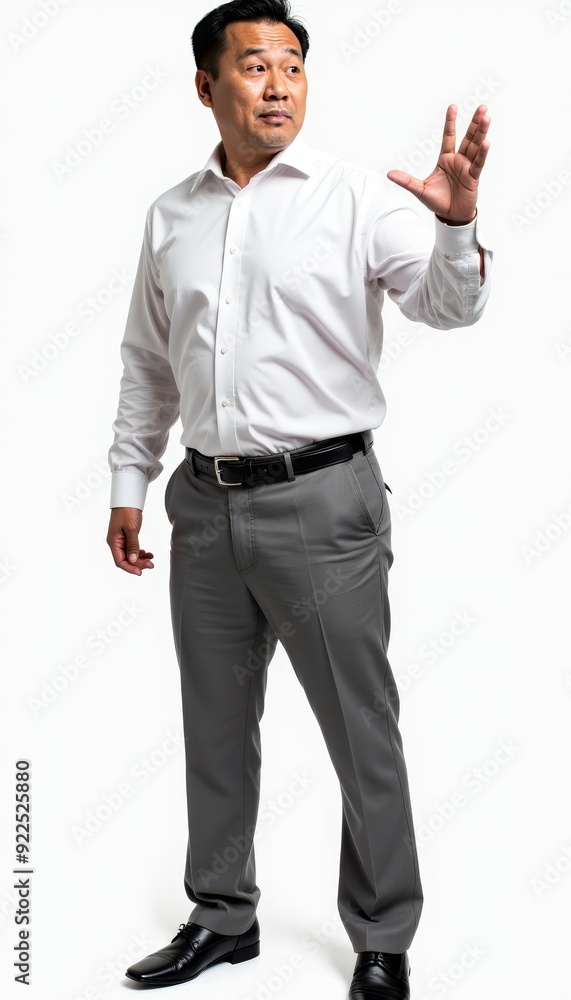 Businessman Standing and Gesturing in Professional Attire. Businessman Standing and Gesturing in Professional Attire.