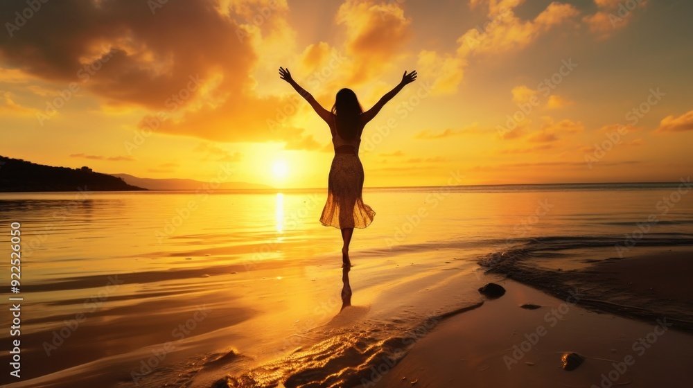 Silhouette of happy joyful woman jumping and having fun at the beach against the sunset. Freedom and leisure vacation concept. Silhouette of happy joyful woman jumping and having fun at the beach against the sunset. Freedom and leisure vacation concept.